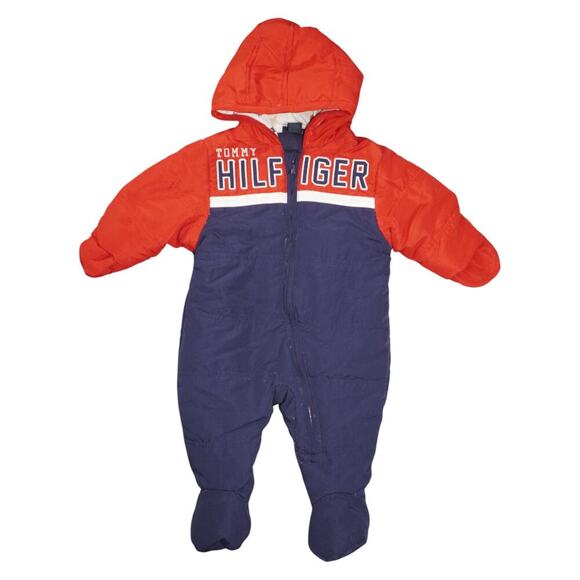Tommy Hilfiger Baby Snowsuit 0-3M Hooded Bunting Suit Red Navy Logo - Picture 1 of 5